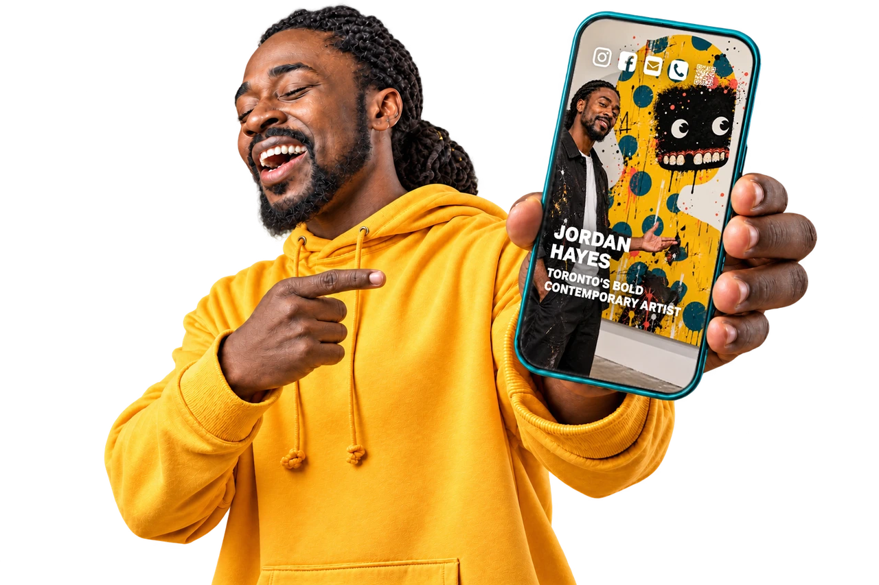 Jordan Hayes holding a phone showing his MyBio.