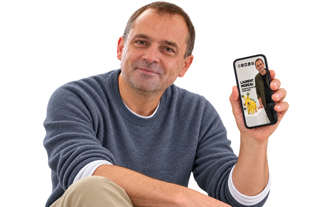 Laurent Moreau holding a phone showing his MyBio.